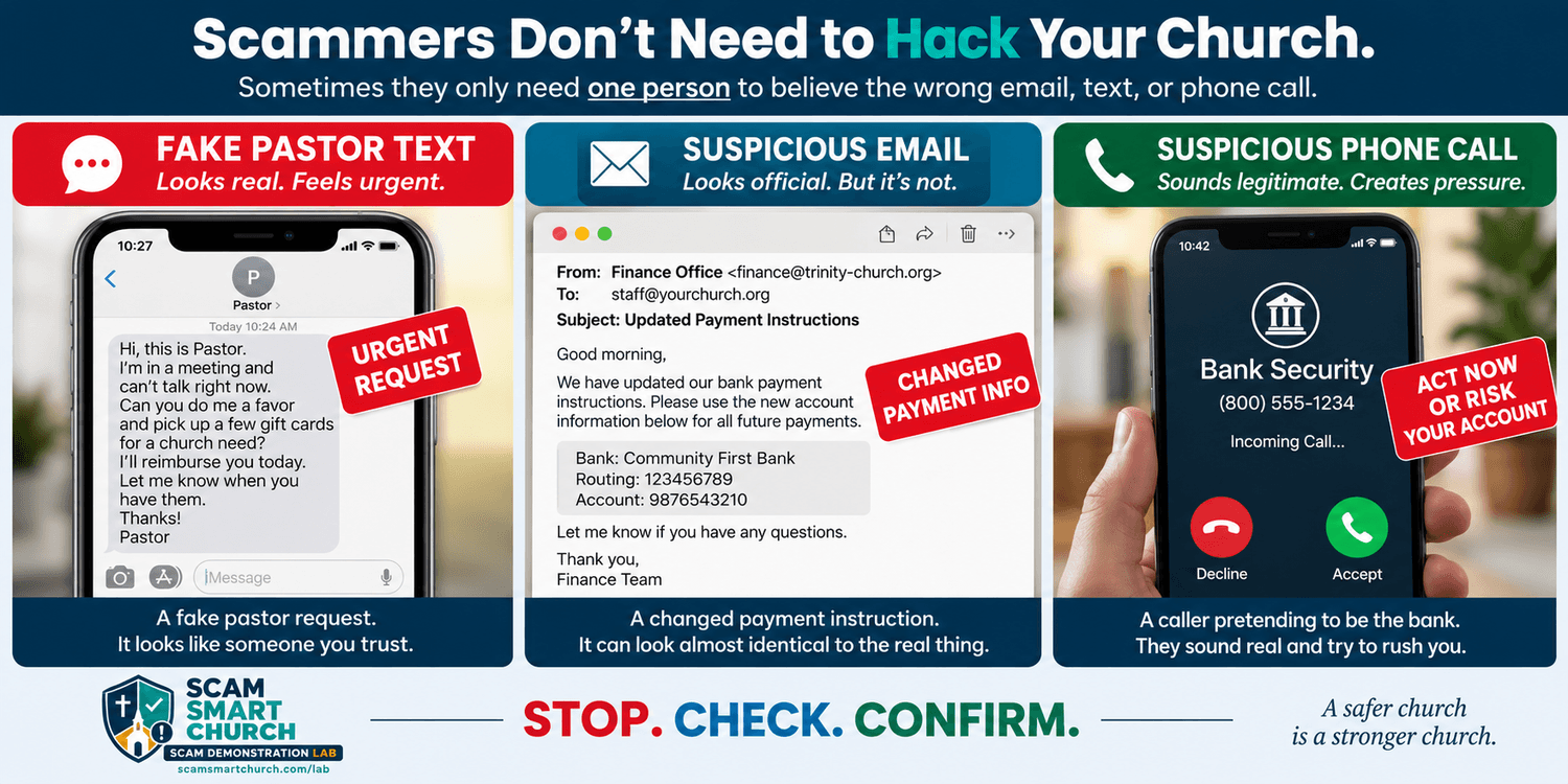 Three common church scams: fake pastor text, suspicious email, and fraudulent phone call