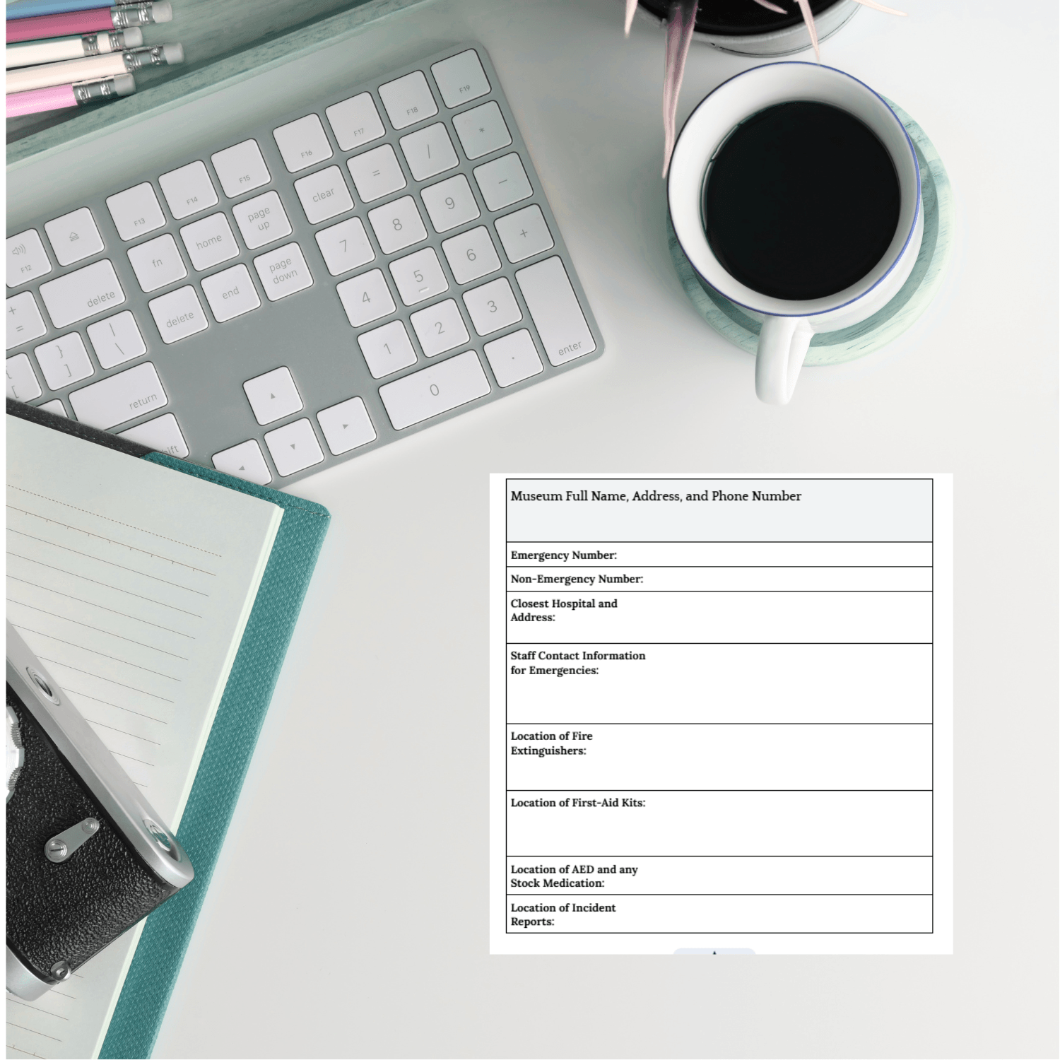 Keyboard with blue notebook and coffee mug. The Emergency procedures list with areas for responses is below.