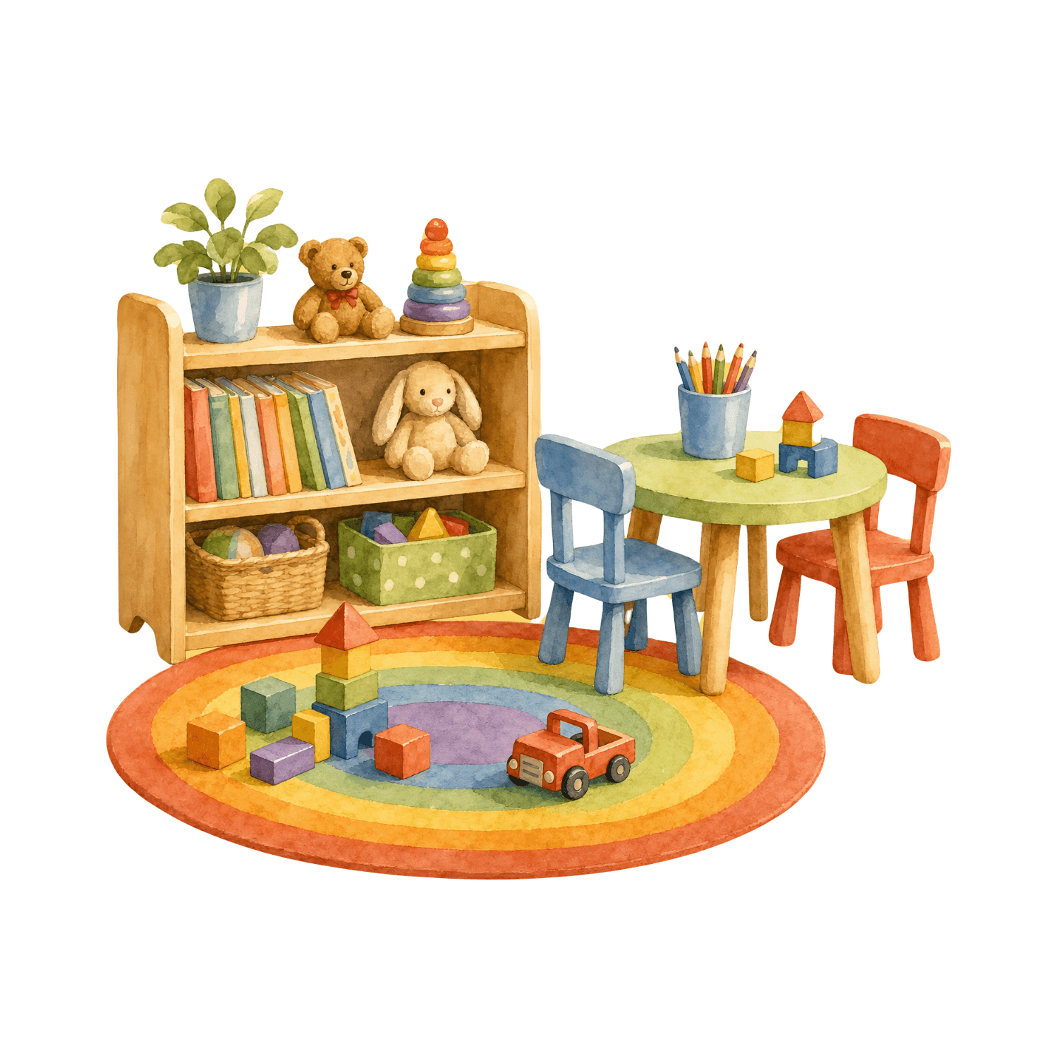 Small bookshelf with books, stuffed animals and baskets of toys. There is a circle carpet with blocks and a truck. Activity table with blocks and colored pencils.