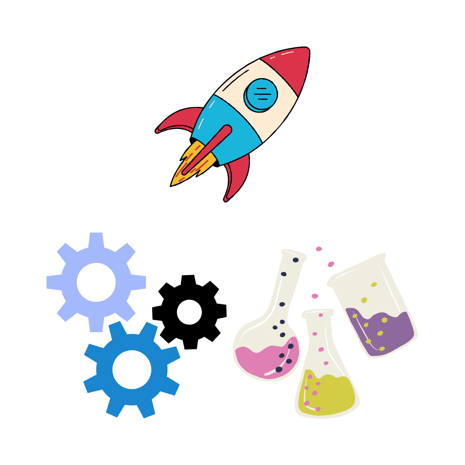 cartoon rockeship, turning gears and bubbling science beakers.