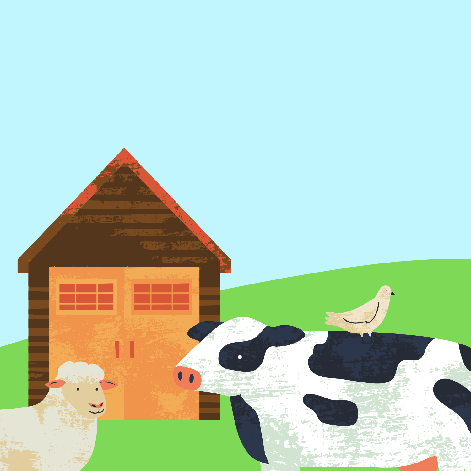 Cartoon drawing of small barn with a sheep, cow and bird in the foreground.