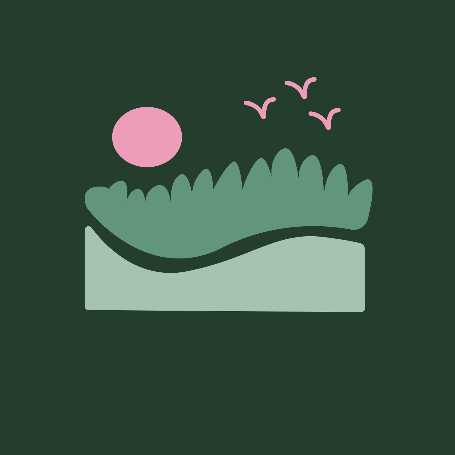 Outline of grasses with a cut in the middle to look like a streat with a pink cartoon of a sun and an outline of birds above.