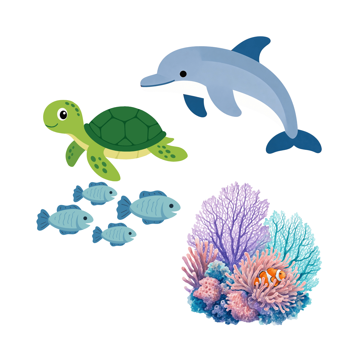 A cartoon of a dolphin, sea turtle, a small school of fish, and colorful coral with a clownfish.