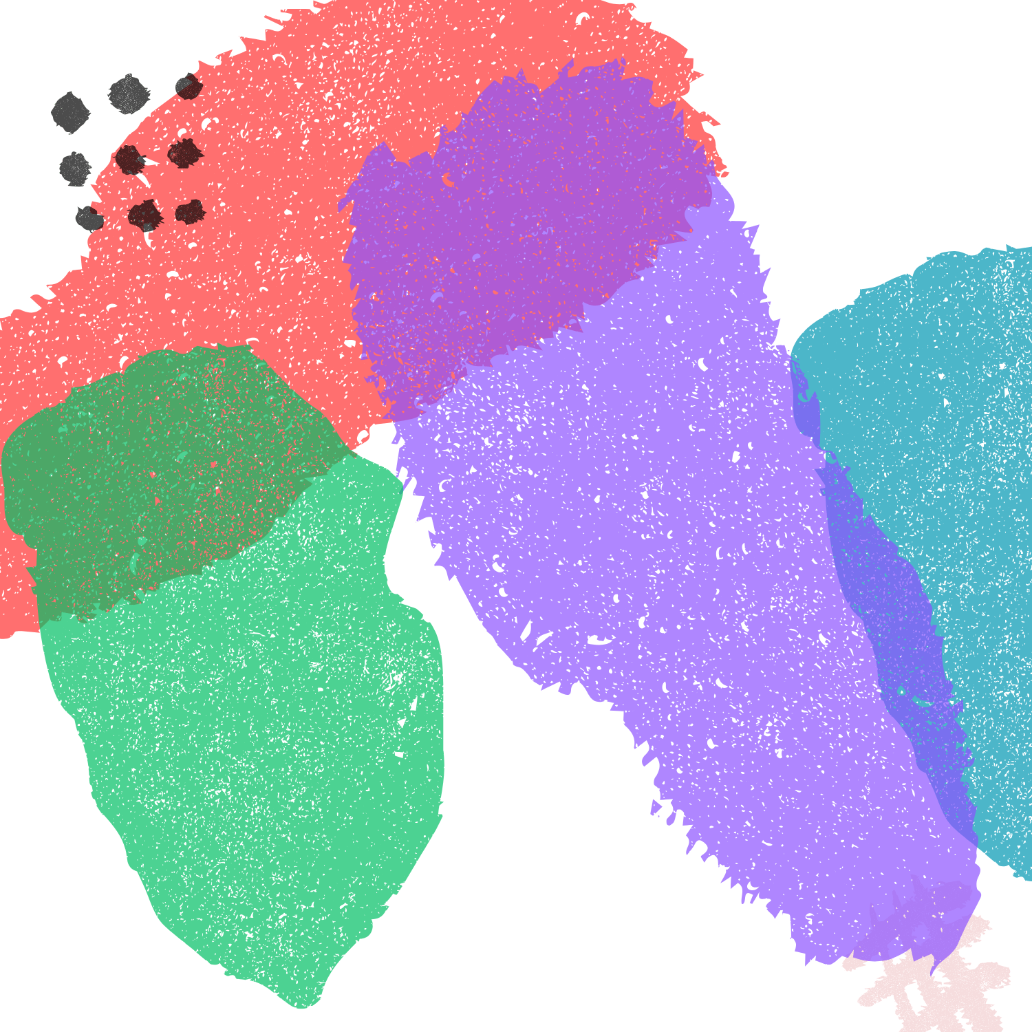Abstract shapes overlapping each other that are red, green, purple and blue. Brown dots and pink slashes are on the side.
