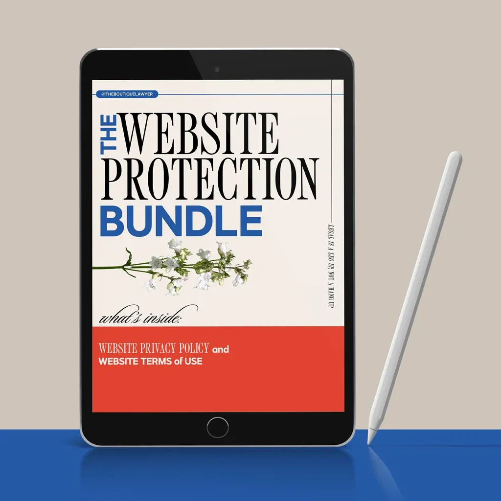 tablet with the words, "Website Protection bundle" with a white flower. On an orange band is "Website privacy policy and Website Terms of Use