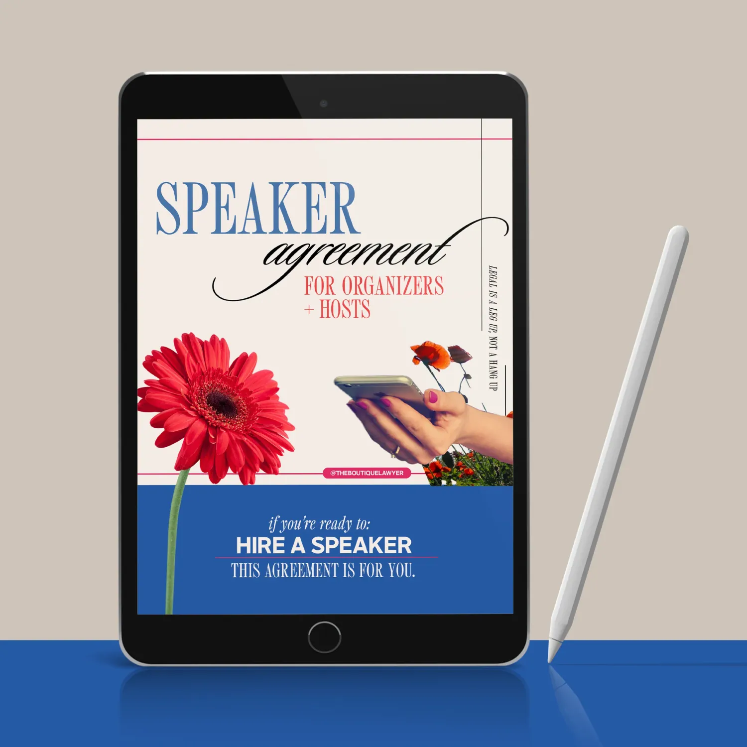 tablet with the words, "Speaker agreement for organizations and hosts" with a pink flower. On an blue band is If you are ready to hire a speaker this agreement is for you.