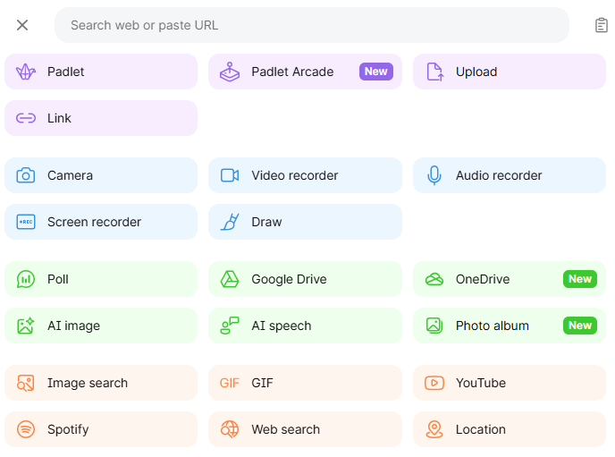 A table with differnt colored highlights with different options. It can be AI tools, speakers, images and inserting outside link. Over 20 options.