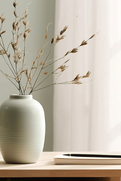 White vase with wheat stems in it on a desk with a notebook and fountain pen on the right