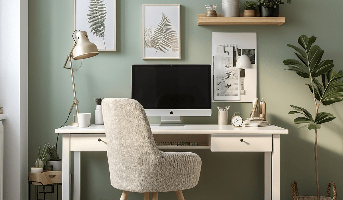 White desk with cream chair and green background wall. On the wall there are different pictures with leaves and a computer screen. There is a desk lamp and other decor item into your organization.
