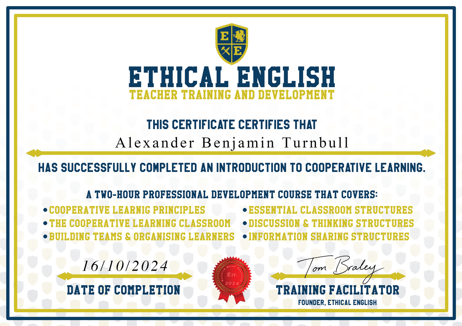 Cooperative Learning Training Certificate