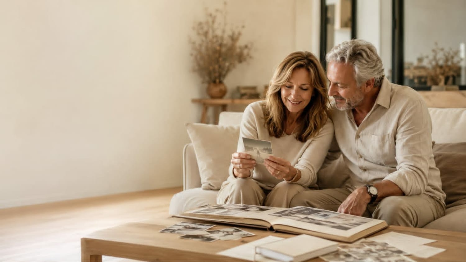 Couple regardant ensemble des photos et souvenirs de leur histoire