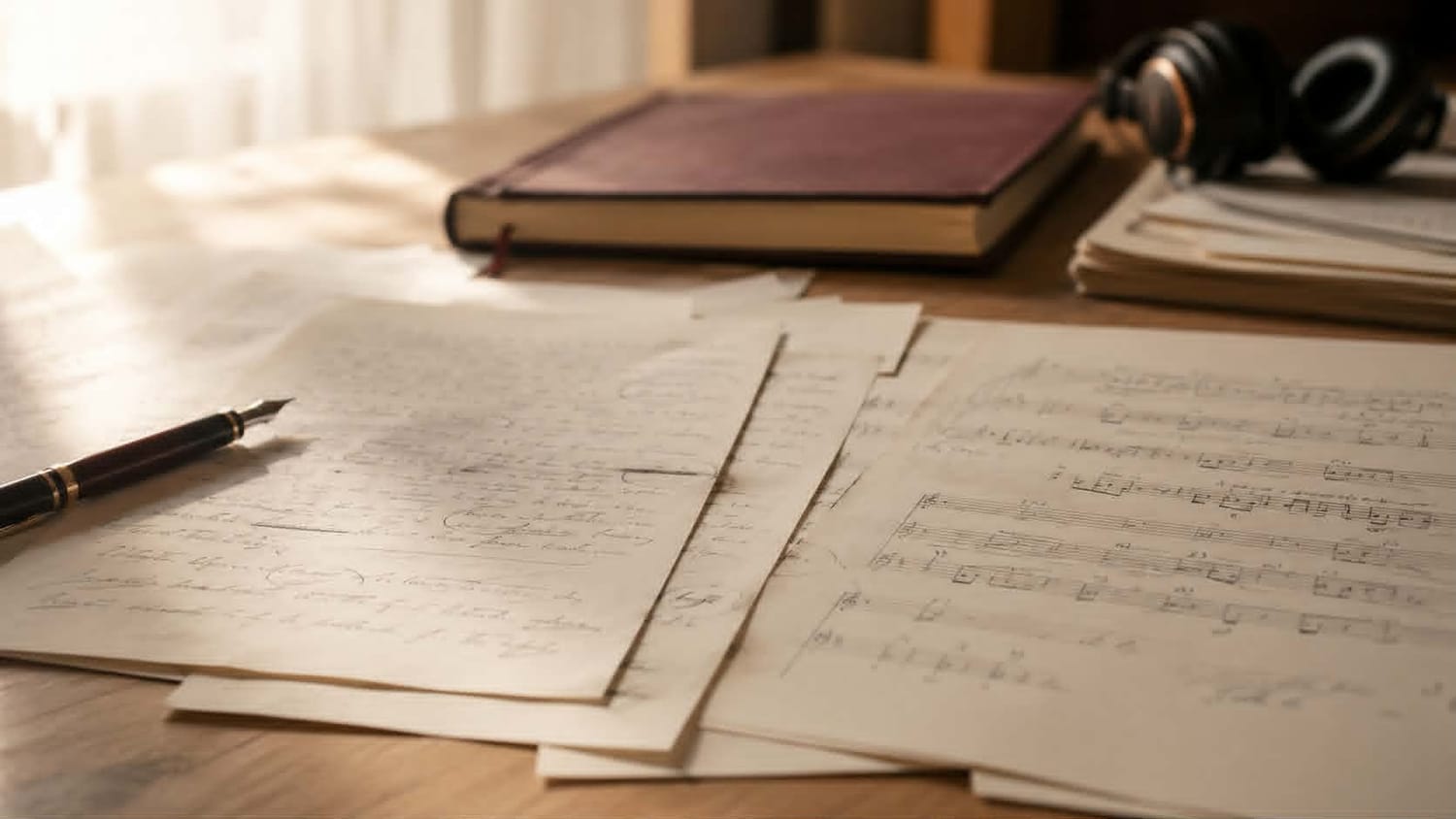Manuscrits et partition musicale illustrant la création d’un Livre-Chanson