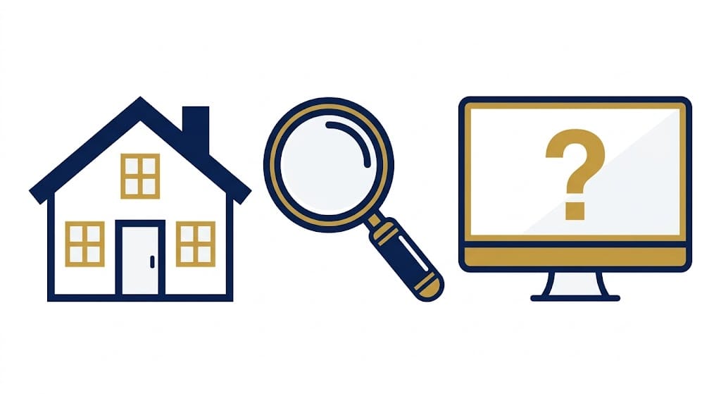 Illustration of a house, a magnifying glass and a computer screen with a question mark