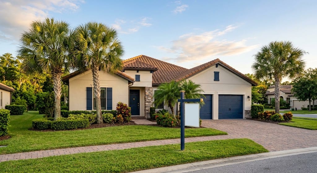 For sale sign in front of a Central Florida home with palm trees