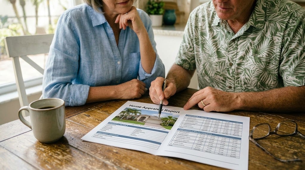 Homeowners at a kitchen table reviewing a home appraisal report with comparable sales