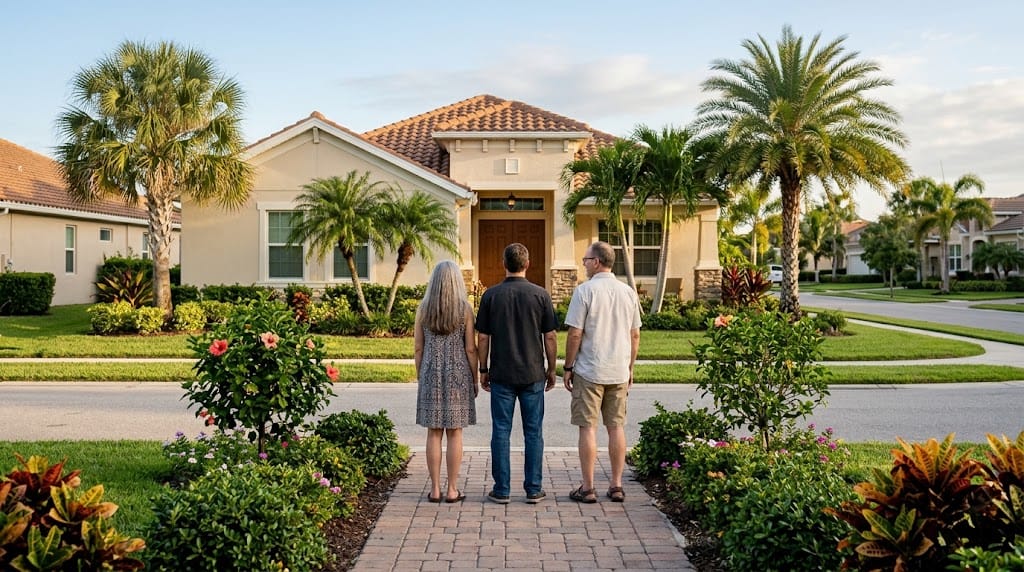 Adult siblings standing in front of a family home