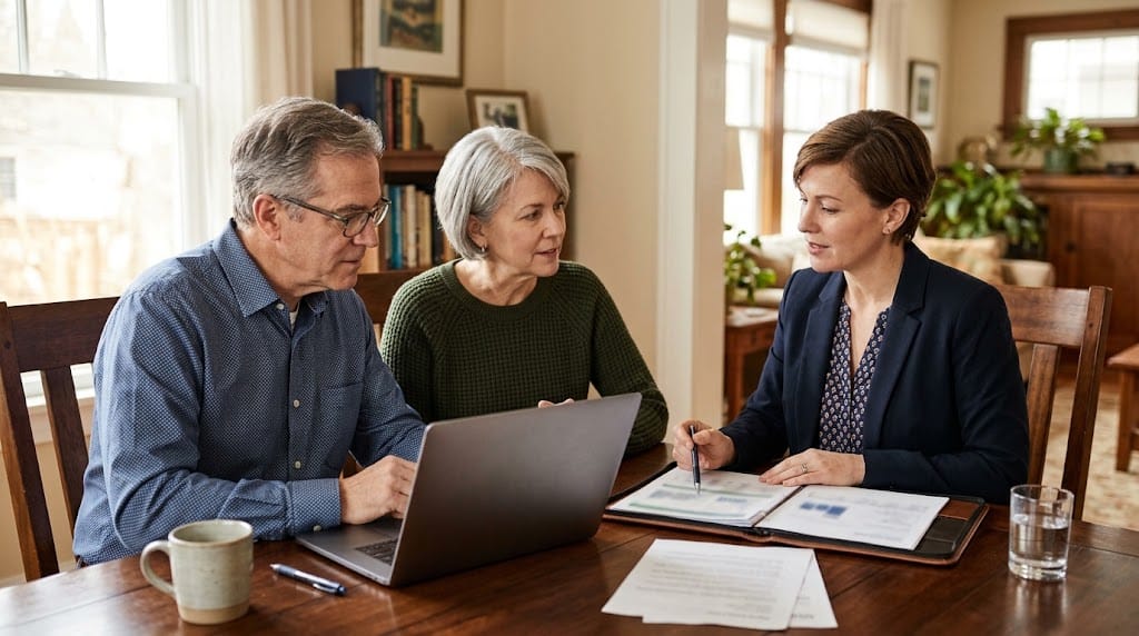Couple meeting with an advisor at a dining table about an inherited home