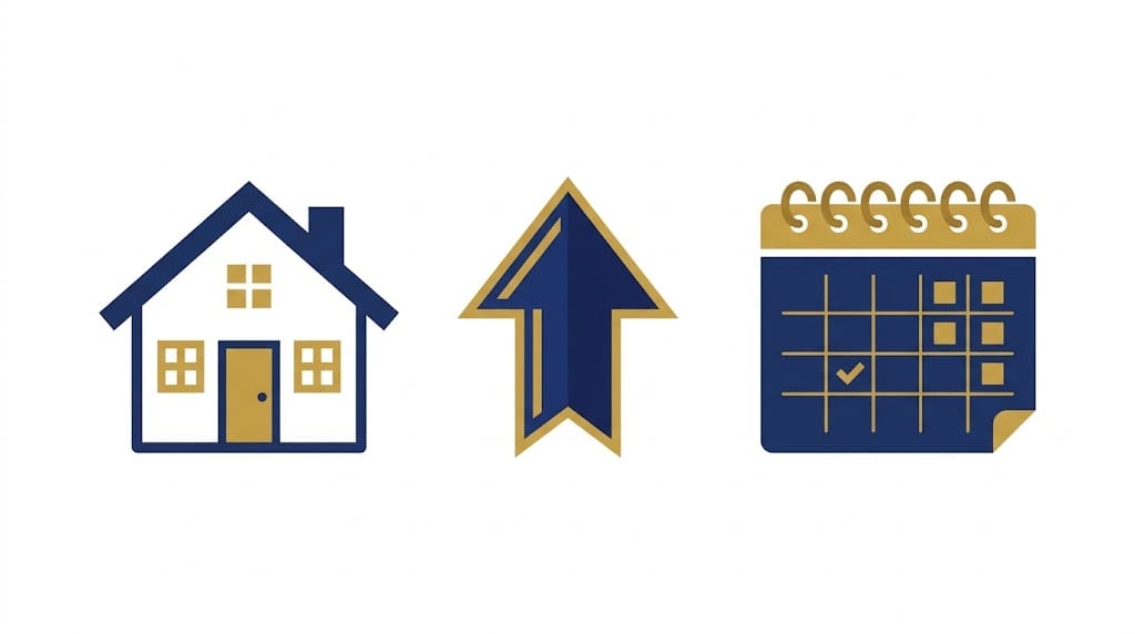 Illustration of a house, an upward arrow and a calendar