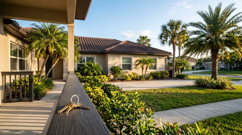 Central Florida home with house keys on the porch railing