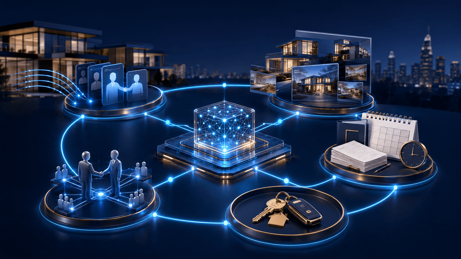 Five connected stages moving a real estate opportunity from lead capture to referral