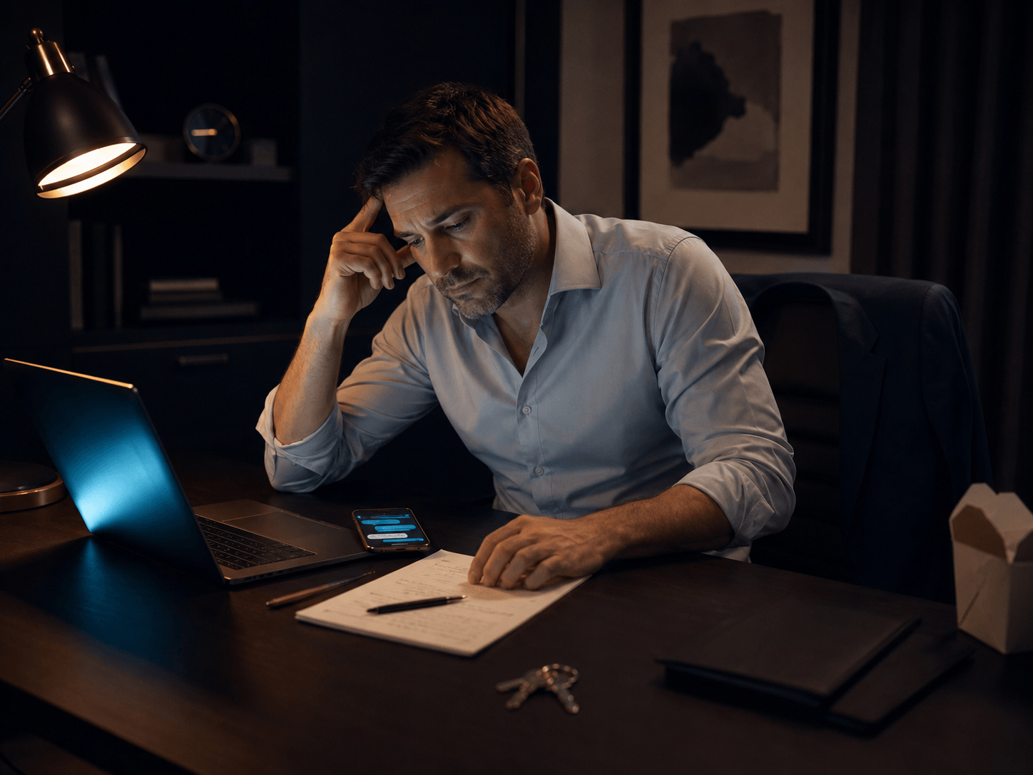 Real estate agent working late at a desk with listing tasks and client messages