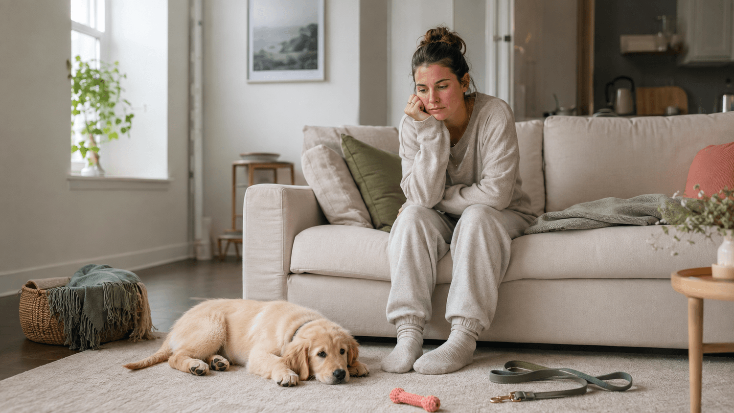 Exhausted new puppy parent sitting quietly at home