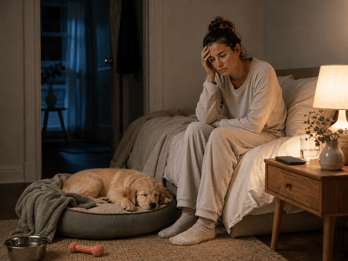 Tired puppy parent awake beside a sleeping puppy at night