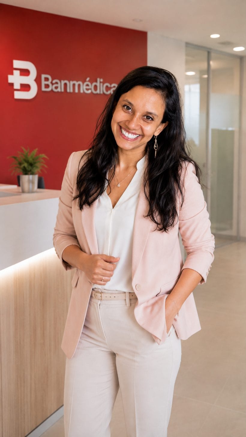Karla Figueroa en las oficinas de Banm&eacute;dica