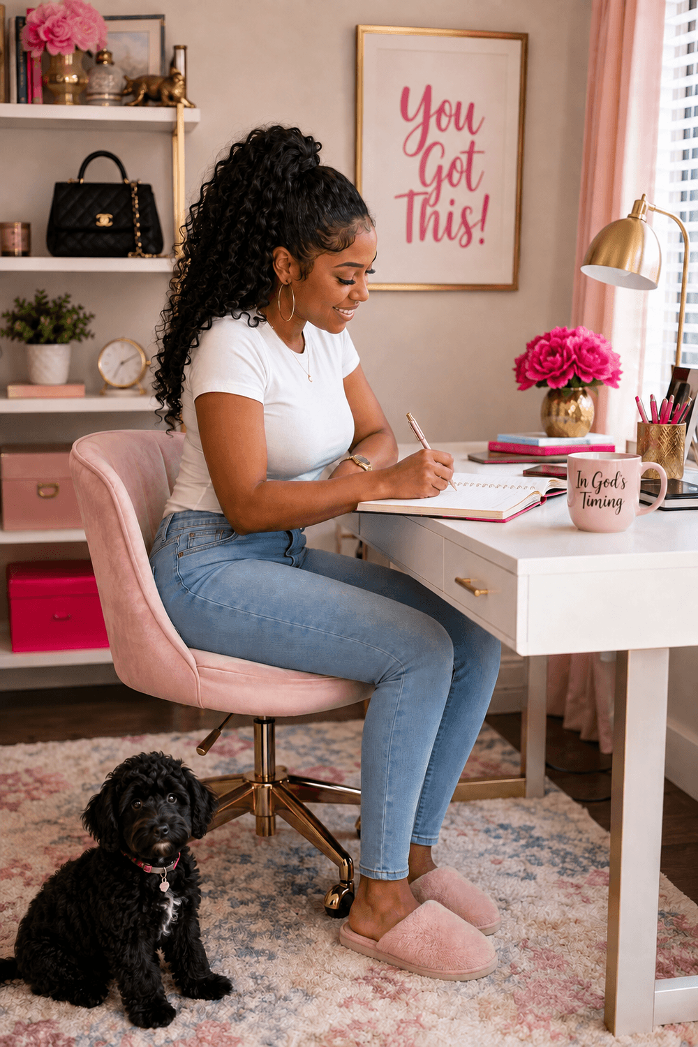 Woman entrepreneur creating her digital product in a feminine home office