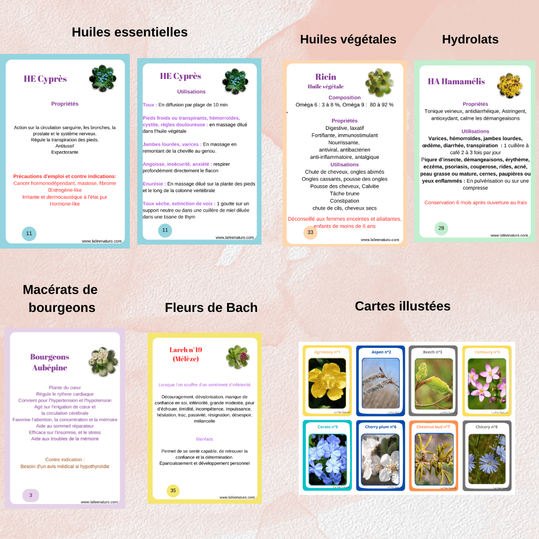 Fiches huiles essentielles et végétales, hydrolats, macérats de bourgeons et fleur de Bach