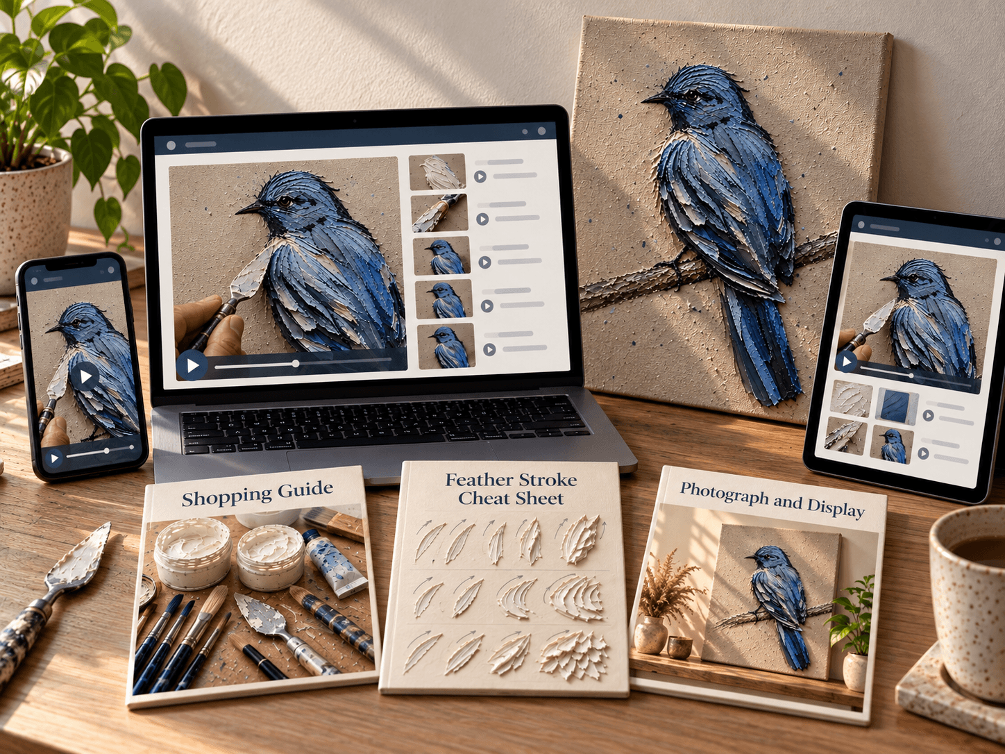 Sculpted Wings 3D textured bird painting course on laptop, tablet and phone