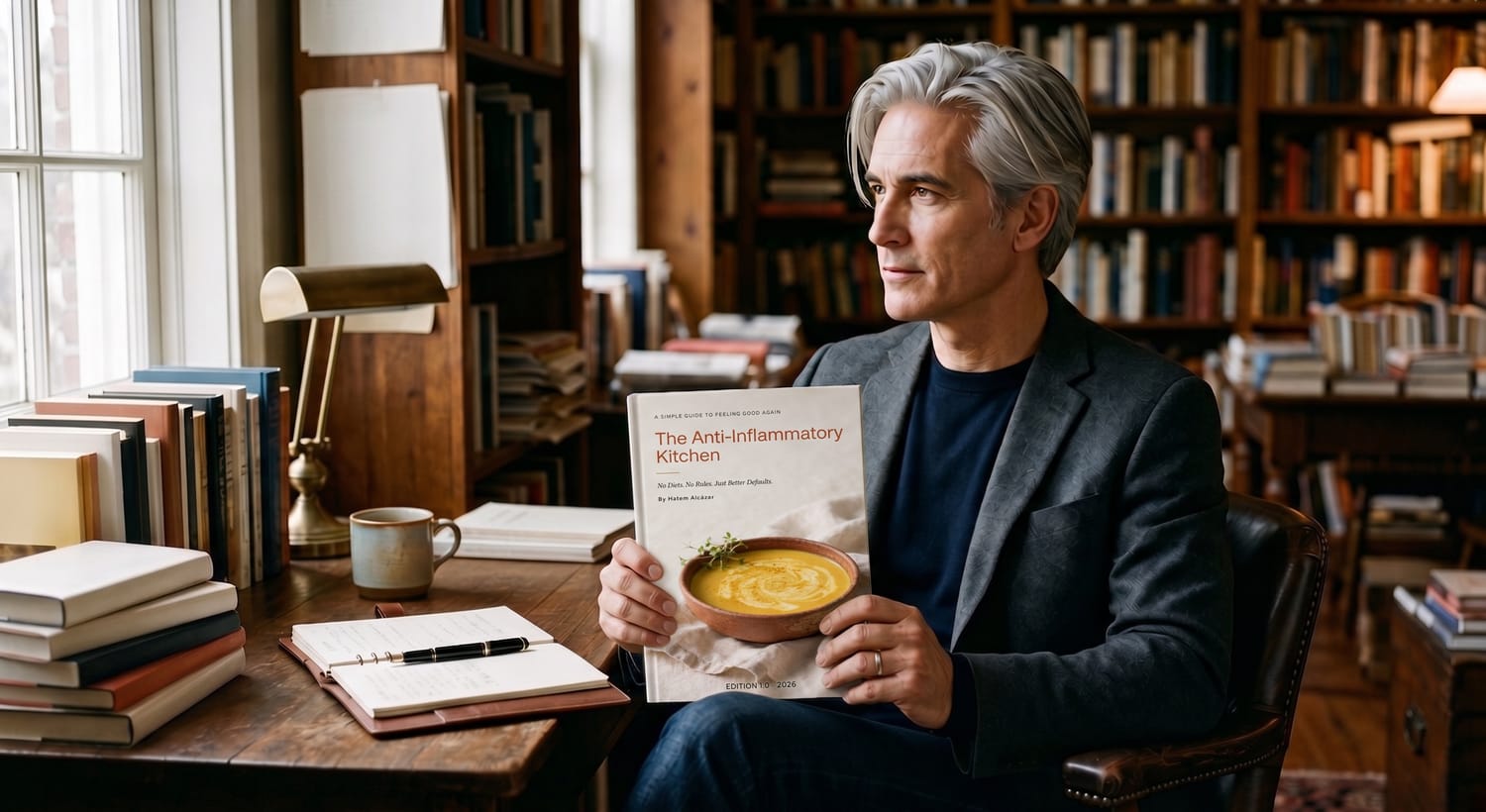 gray-haired author writing at desk, home library