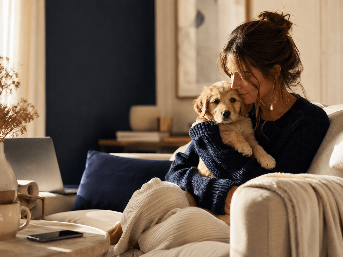 Pet parent at home researching and reflecting with her puppy nearby