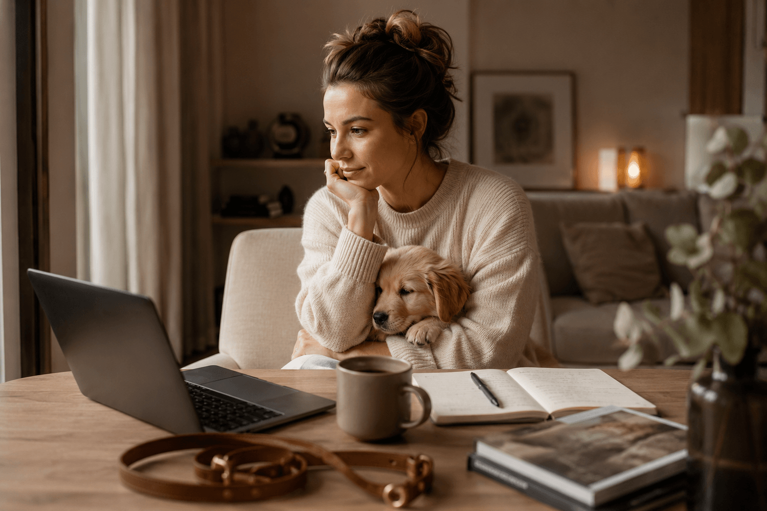 Pet parent relaxing at home with her puppy