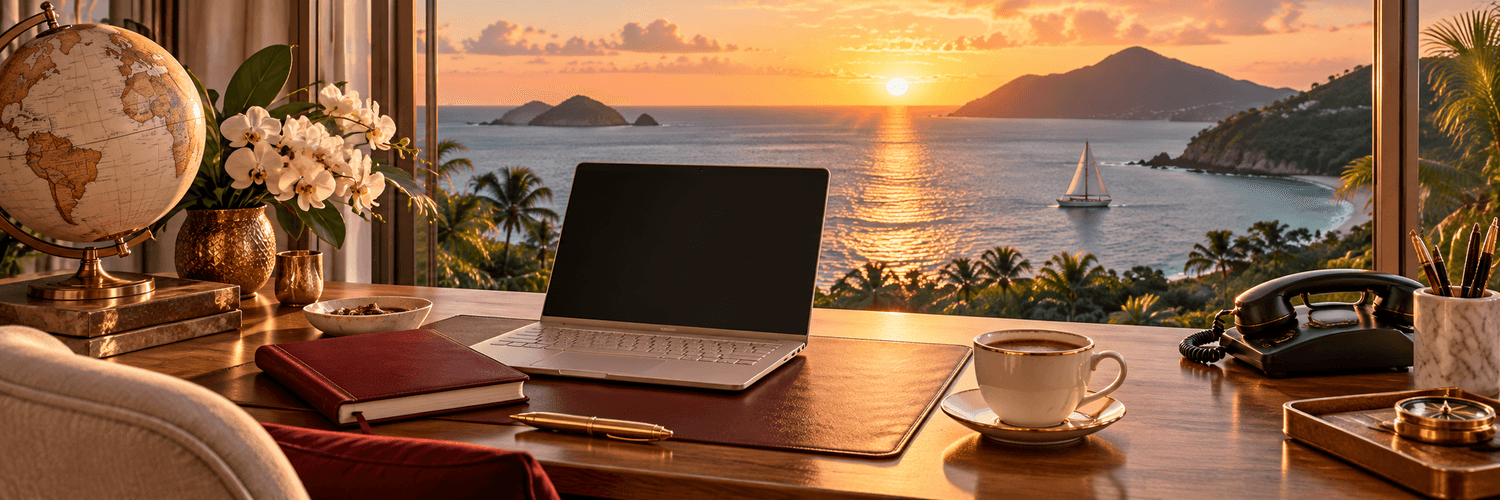 Welcoming travel planning workspace overlooking the ocean at sunset