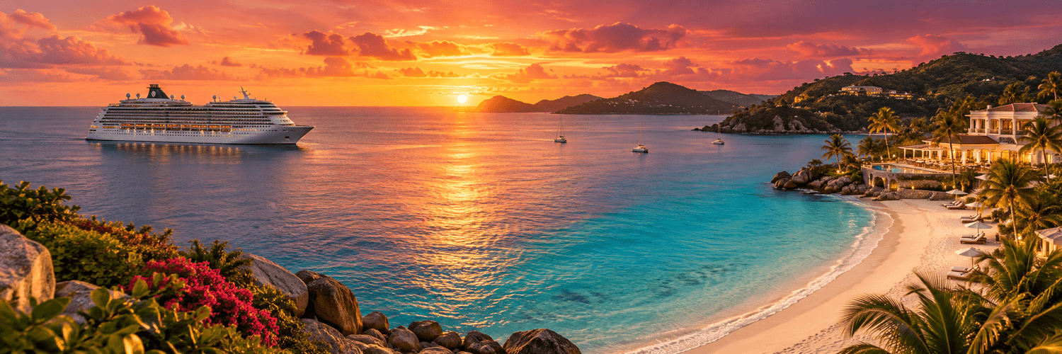 Cruise ship and Caribbean beach resort at golden sunset