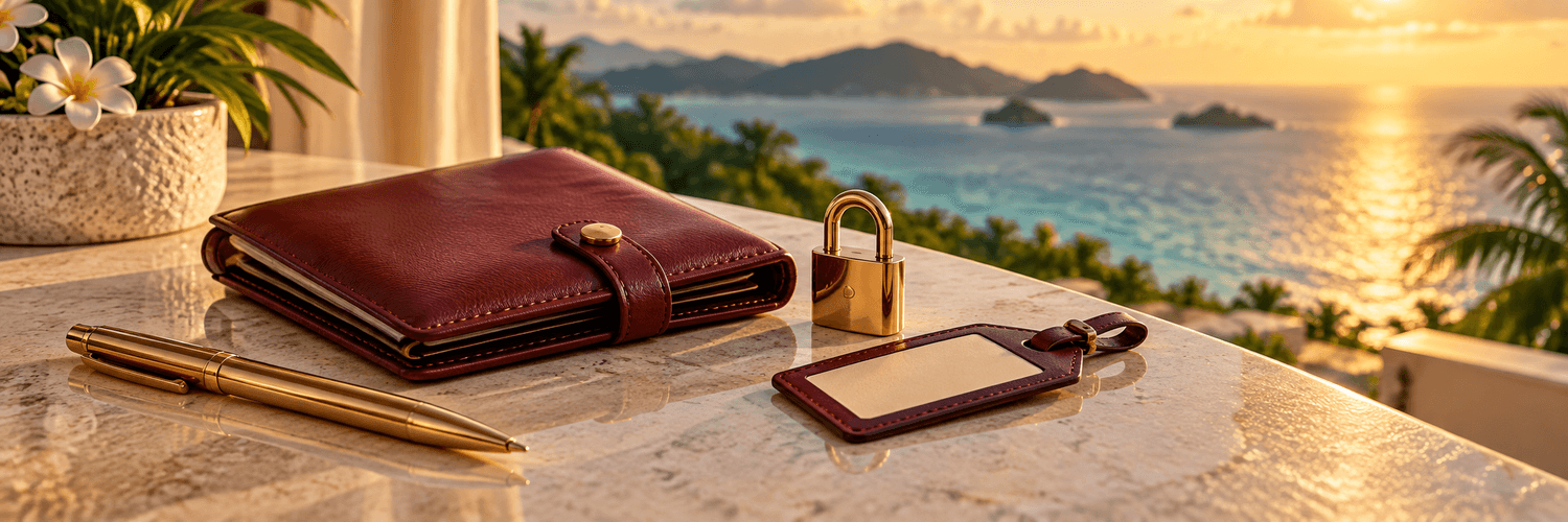 Closed travel document wallet and gold padlock beside a peaceful ocean view