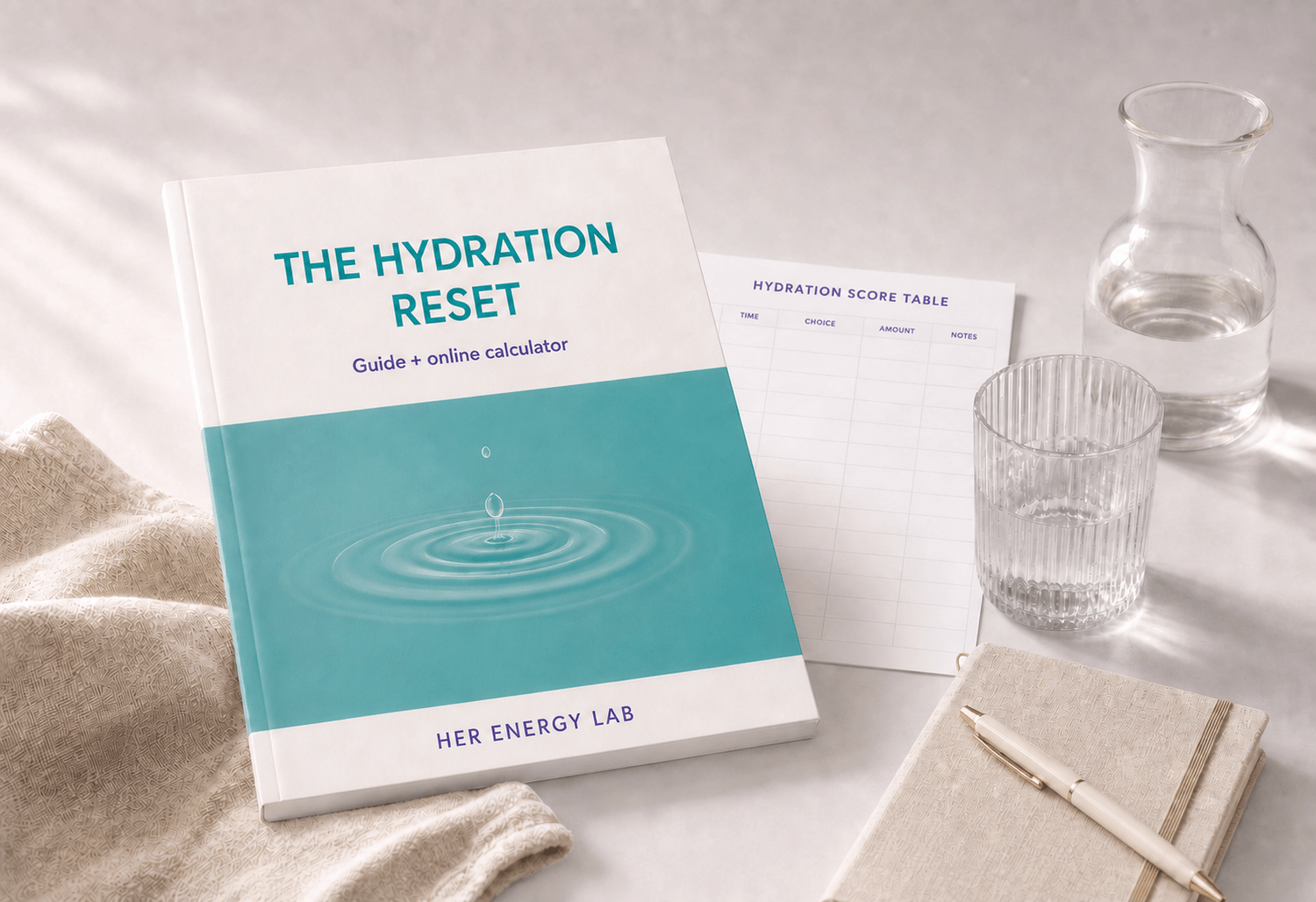 The Hydration Reset guide and Hydration Score Table beside a glass and carafe of water.