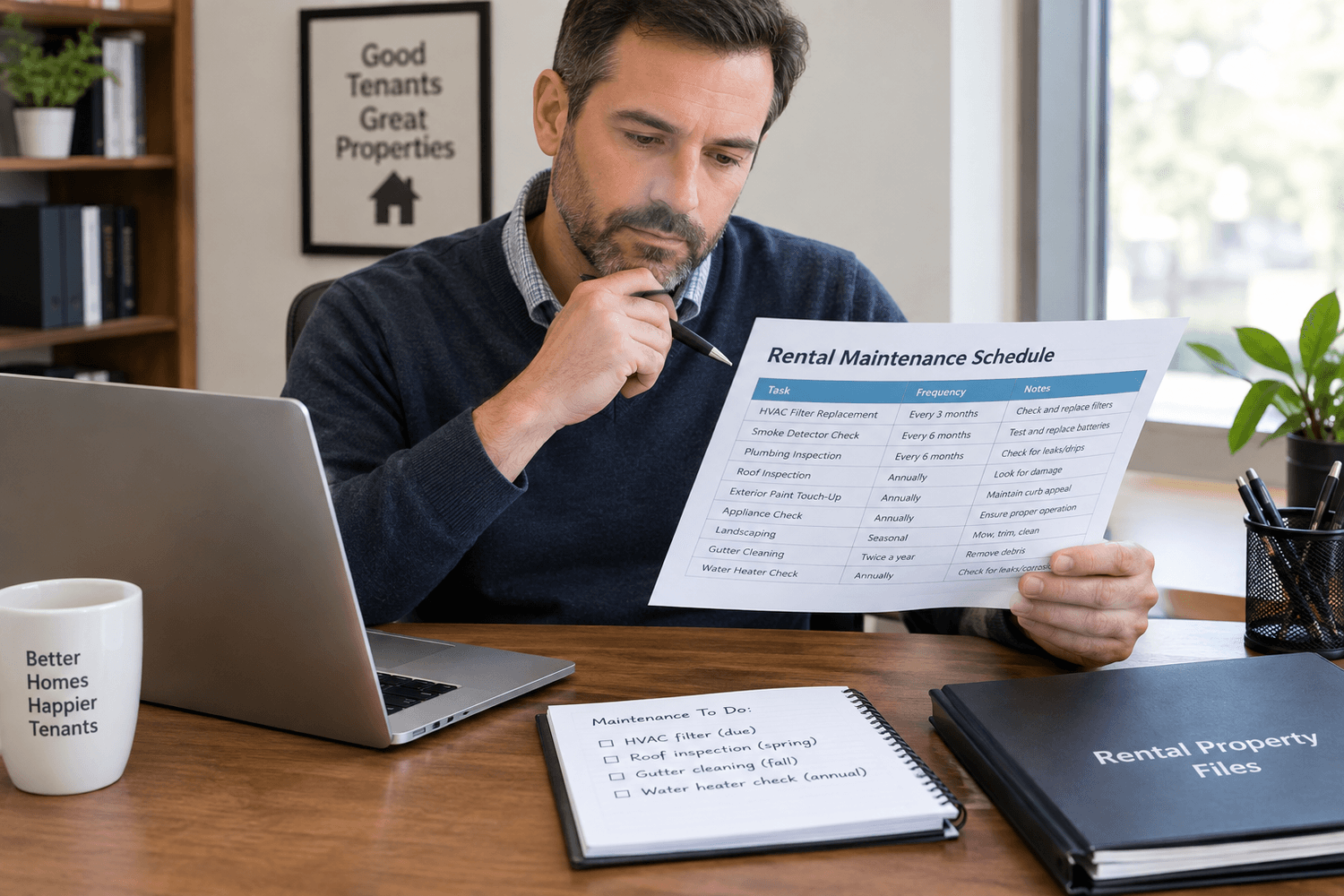 Landlord reviewing a rental property maintenance checklist and schedule