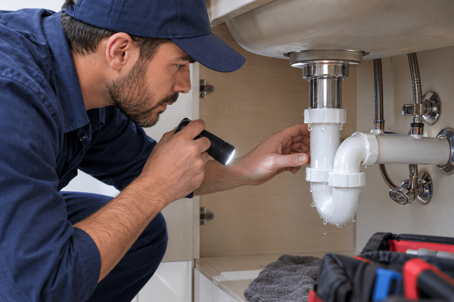 Plumber checking a rental property pipe for leaks during routine maintenance