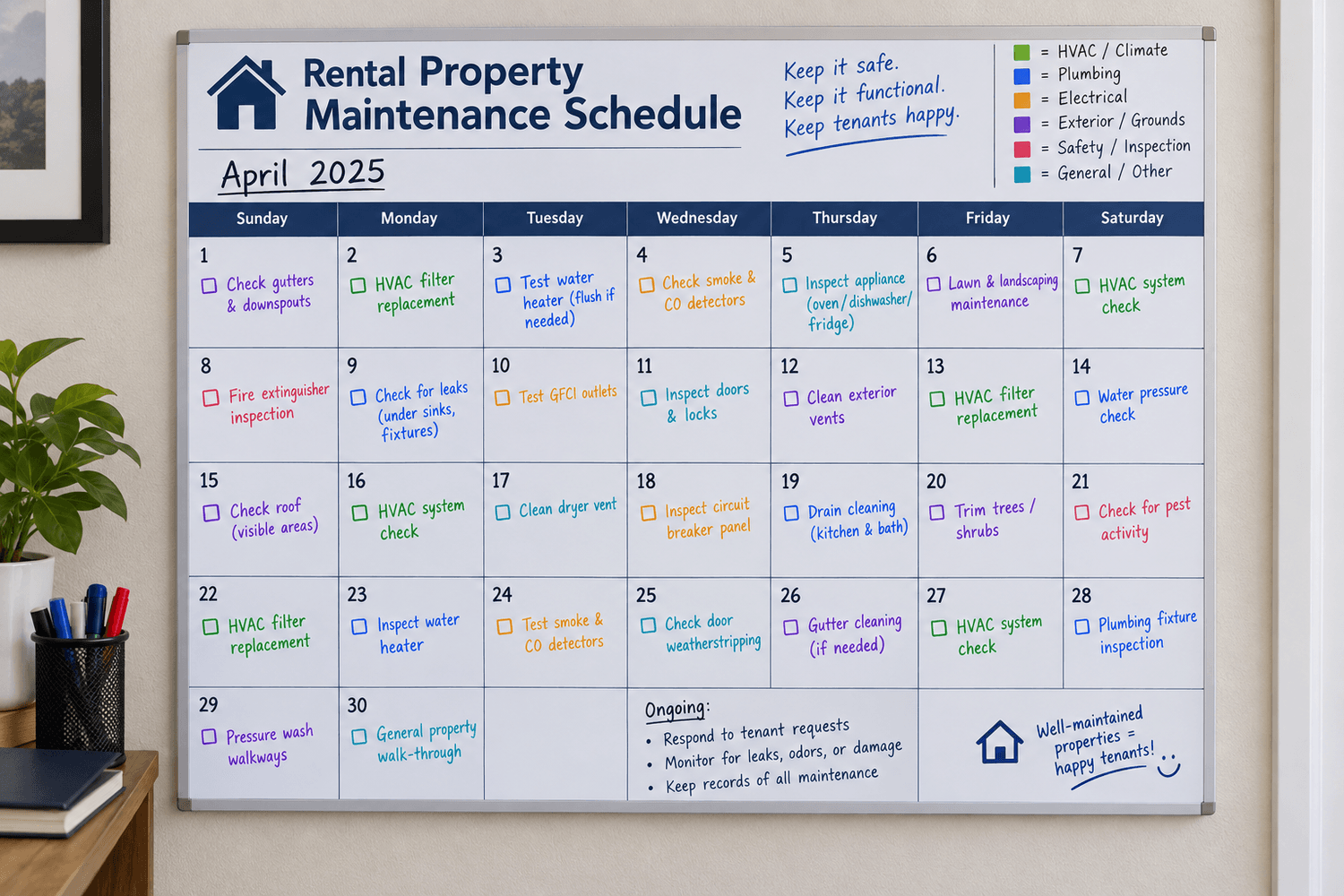 Maintenance calendar showing monthly and seasonal rental property tasks