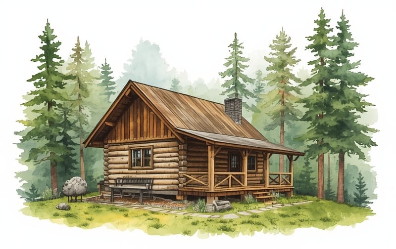 watercolor cabin woodland illustration