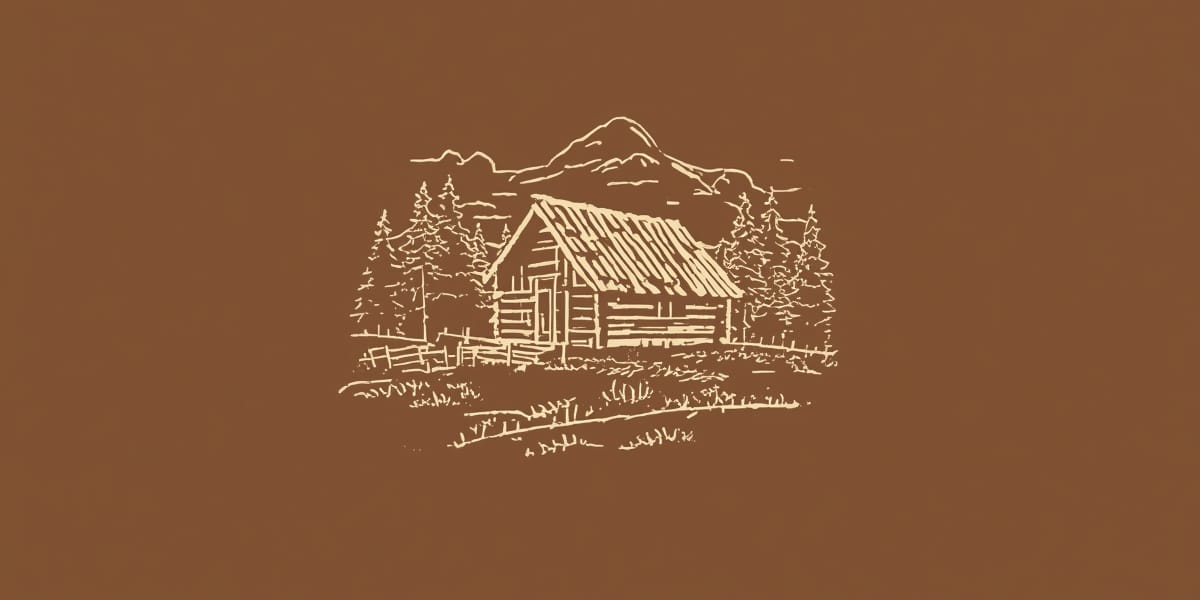 hand-drawn cabin line art logo cream on brown