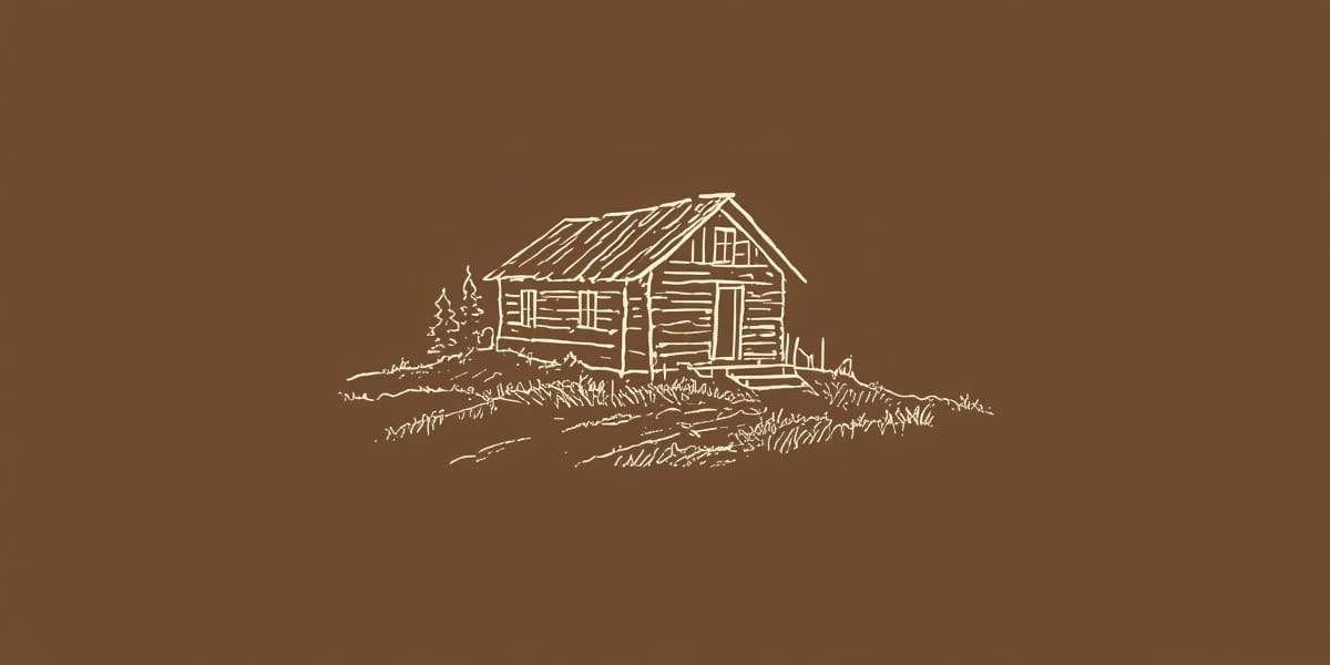 hand-drawn cabin line art logo cream on brown