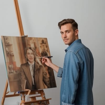artist painting commission at desk