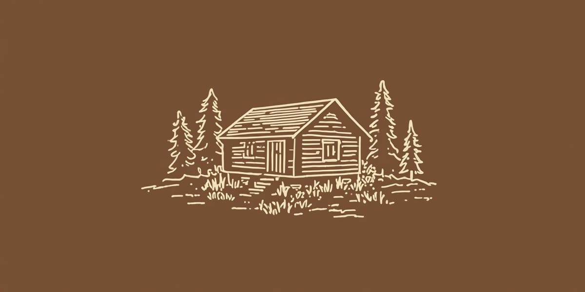 hand-drawn cabin line art logo cream on brown