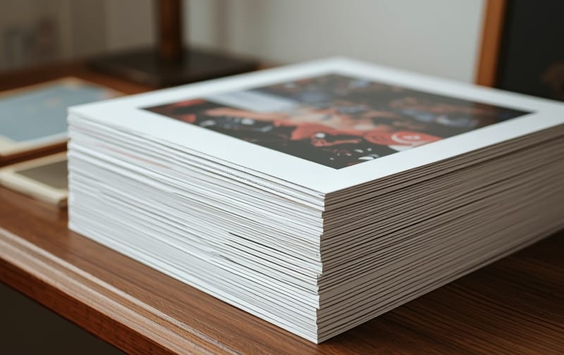 art prints stacked on desk