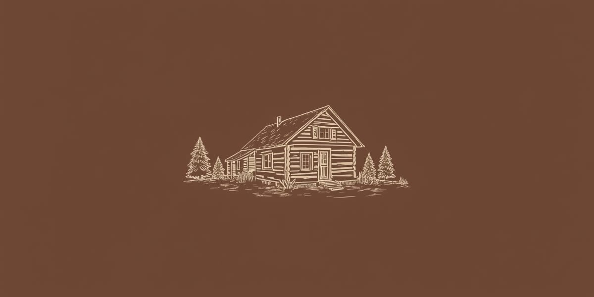 hand-drawn cabin line art logo cream on brown