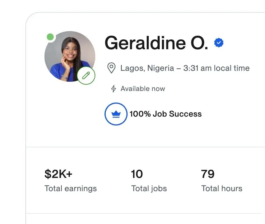 Screenshot of Geraldine's Upwork profile: $2K+ total earnings, 10 total jobs, 79 total hours, 100% Job Success