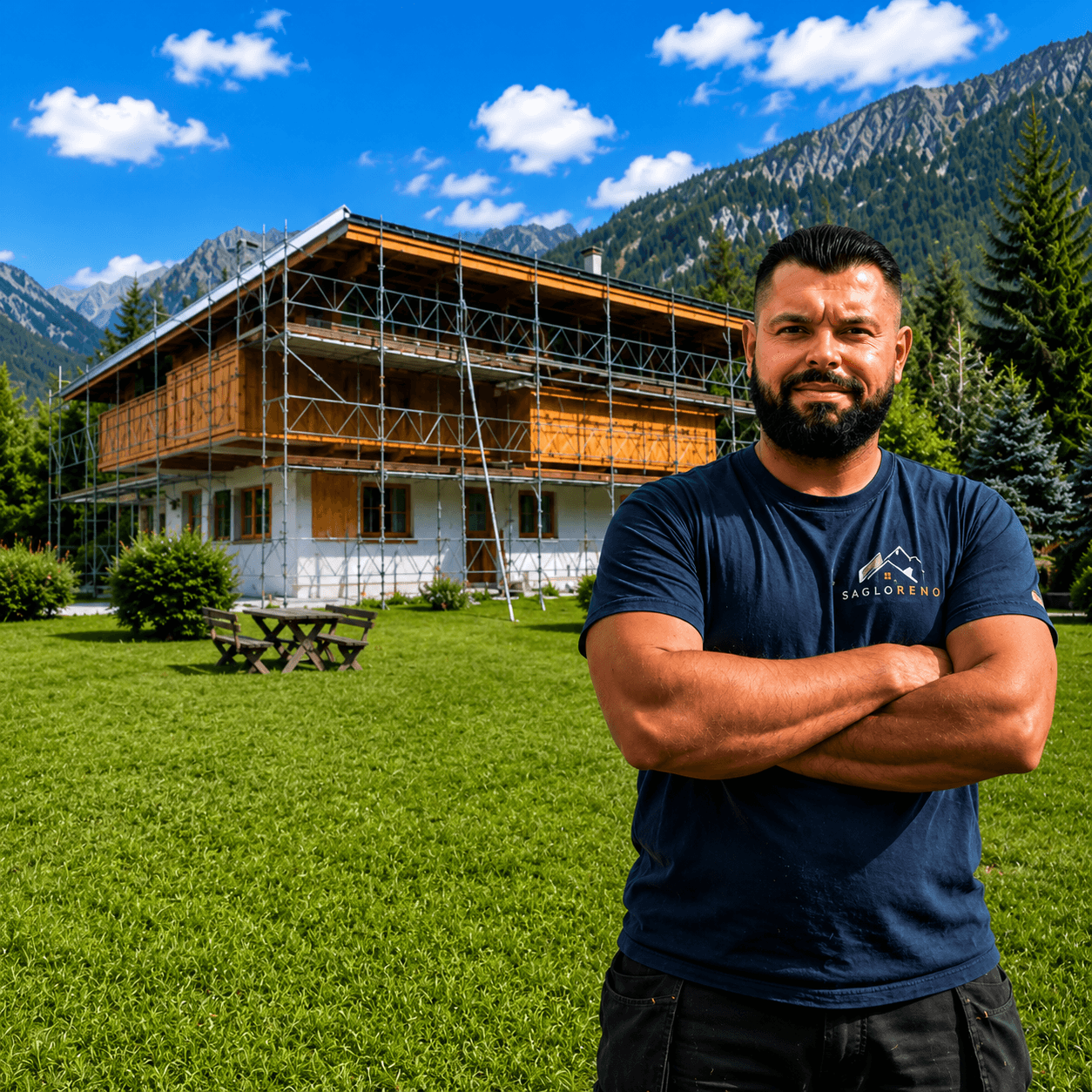 Sabloréno – artisan devant un chalet en rénovation